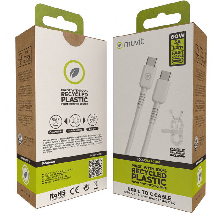 Muvit Cable USB 2.0 Tipo-C a Tipo-C MCUSC0008 1.2m Blanco